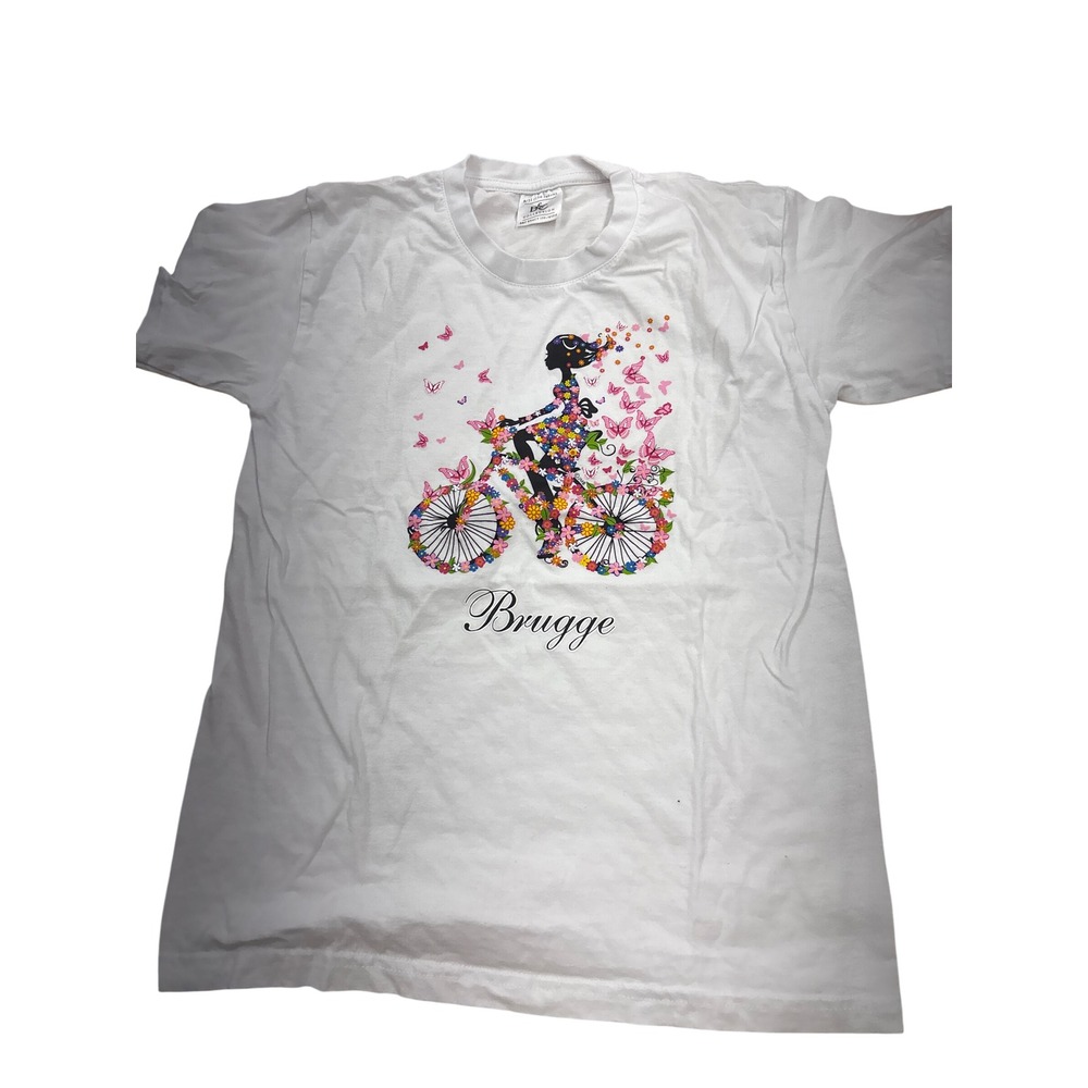 B&C Collection Kids Brugge Graphic Tee White Floral Butterfly Bike Size 9/11